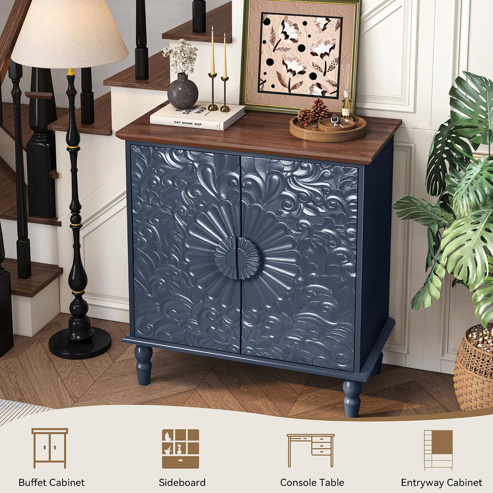 Accent Cabinet with 2 Embossed Flowers Doors for Living Room