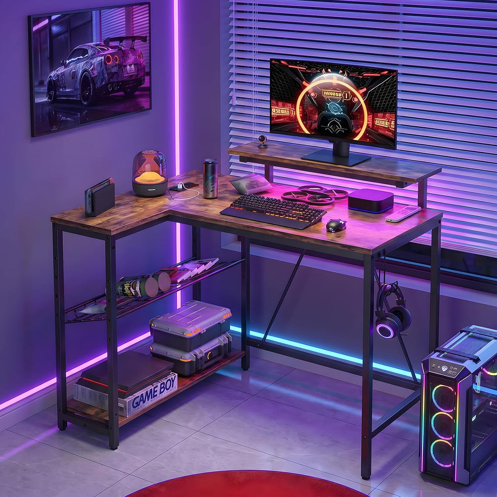 Bestier 42-Inch L-Shaped Gaming Desk with Charging & LED, Rustic Brown