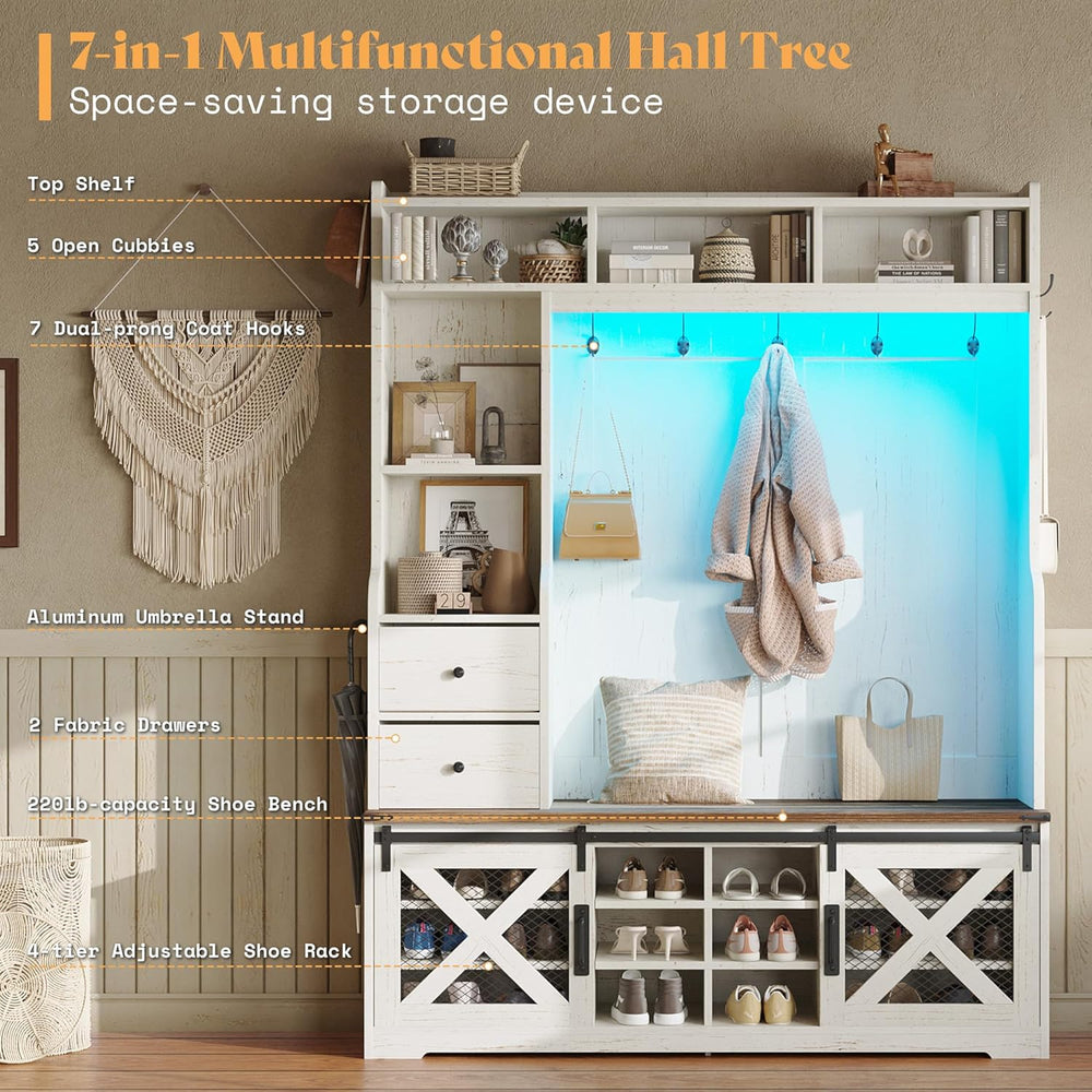 AMERLIFE 75" 7-in-1 Farmhouse Hall Tree with Shoe Bench & LED, Rusti...