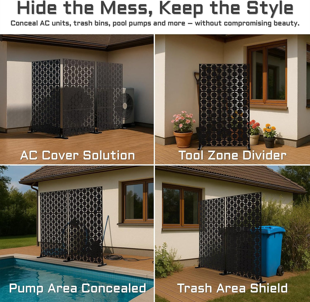 72" Metal Privacy Screen Freestanding Outdoor Room Divider Decorative La...