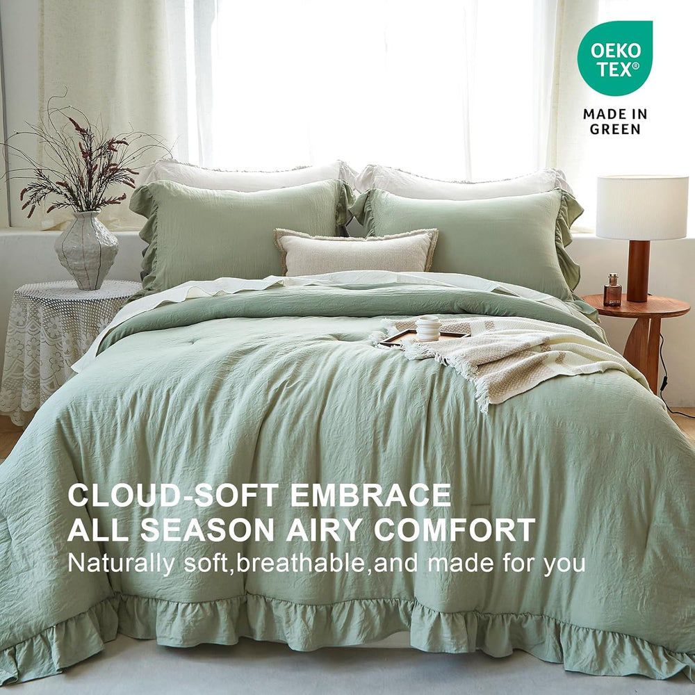 Sage Green Ruffle Comforter Set King Shabby Chic Bedding Set