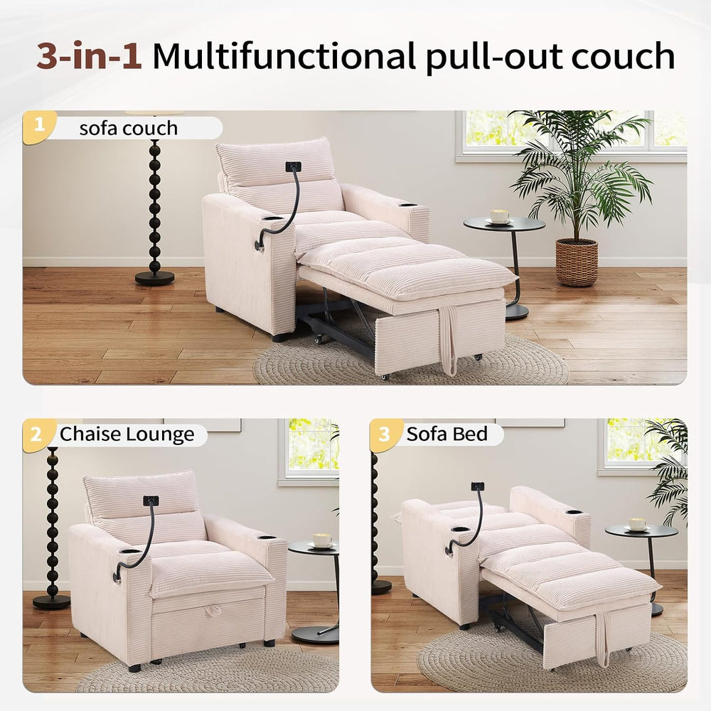HAOMARKETS Corduroy Sleeper Sofa Bed with Cup Holders, 3-in-1 Convertible Pul...