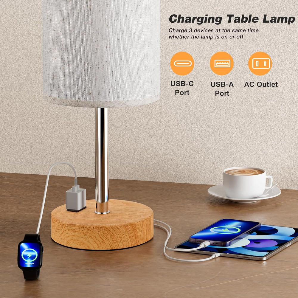 Fenmzee 17.4" Bedside Lamp for Bedroom - Dimmable Touch, USB A+C, AC Outlet