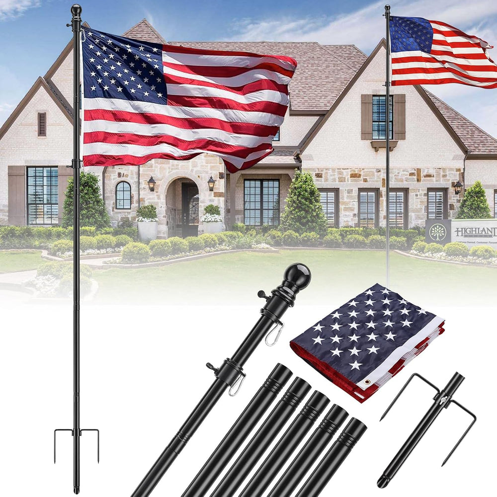 Ground Flag Pole Kit, 9.5 ft Adjustable, Stable 3-Prong Stake, 3x5 US Flag