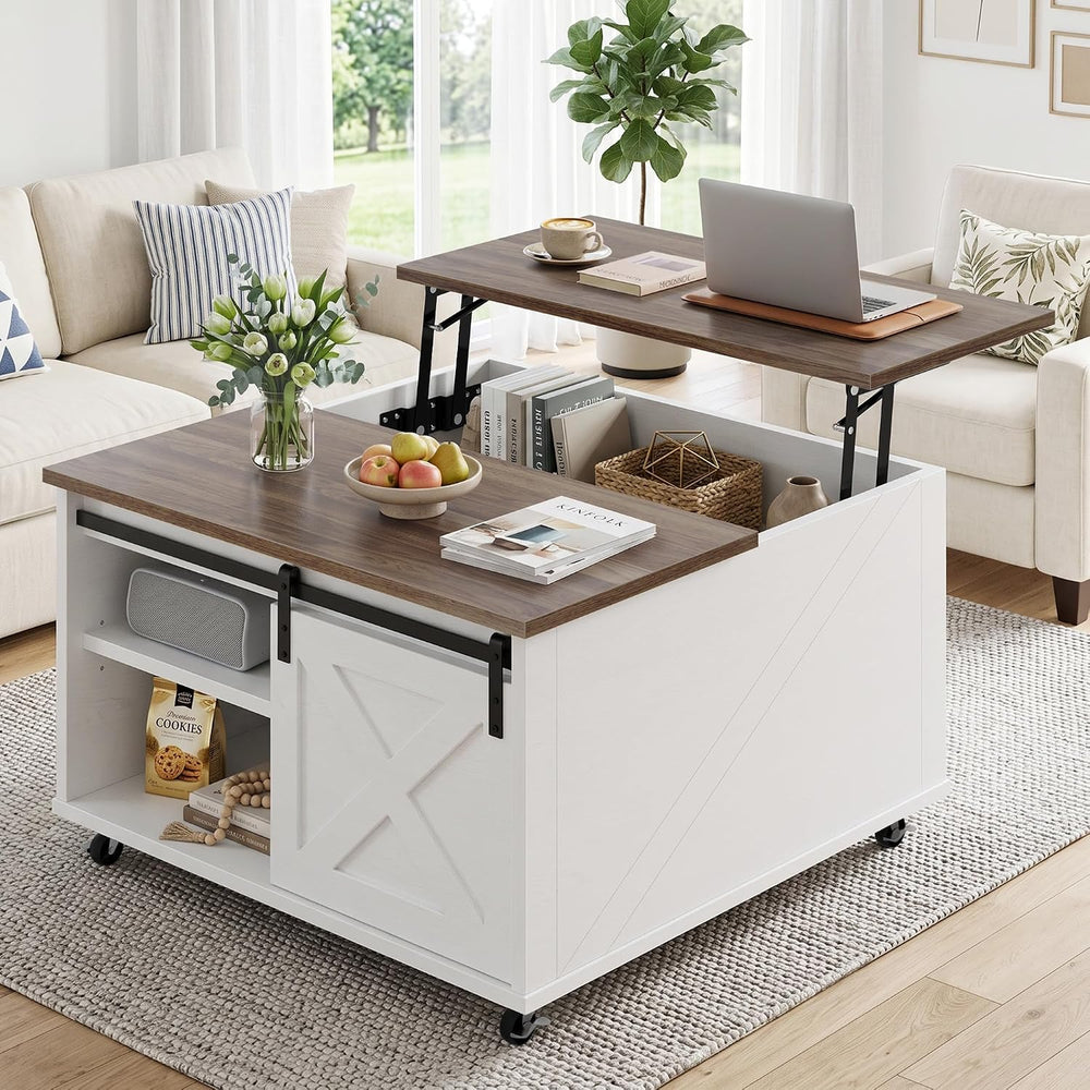 Lift Top Coffee Table with Wheels 31" Square, Farmhouse, Off White