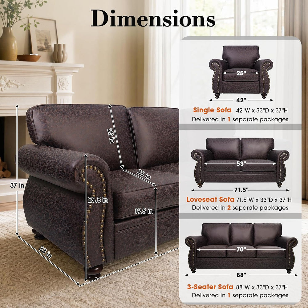 Couchus 2-Piece Sofa Set, 88" 3-Seater, 77" Loveseat, Brown
