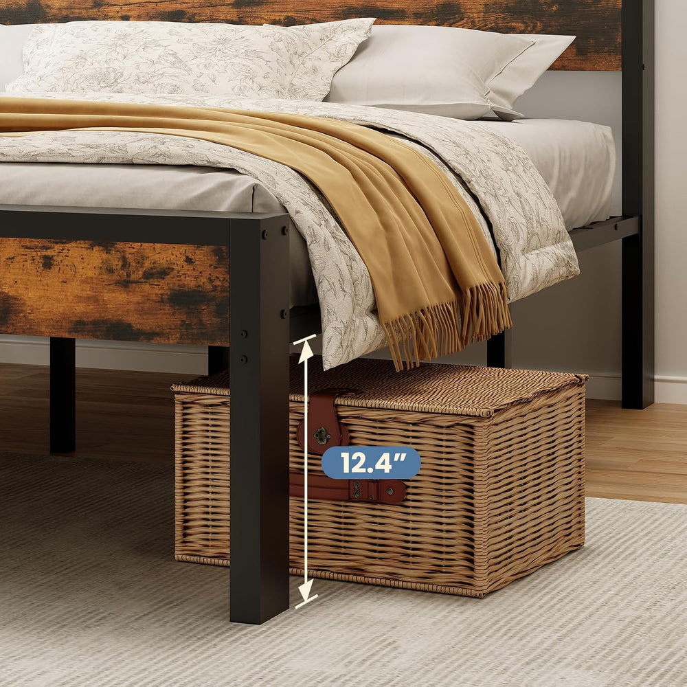 Sweetcrispy Queen 14 Inch Bed Frame with Wood Headboard, Rustic Brown