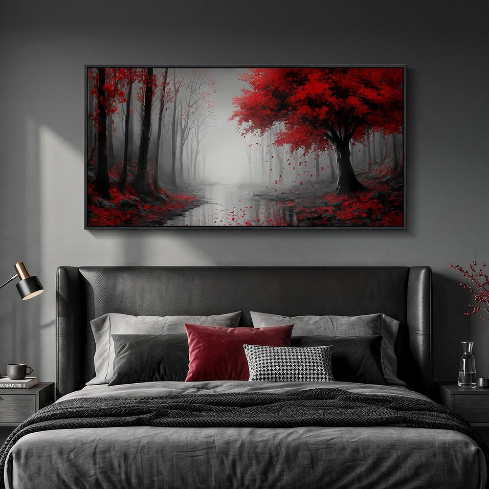 Framed Red Misty Forest Landscape Wall Art for Living Room, 60x30 Inch