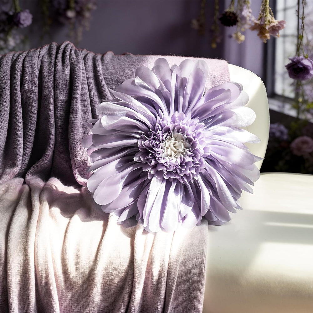 3D Flower Round Decorative Throw Pillow for Bed Couch 14 Inch Lavender