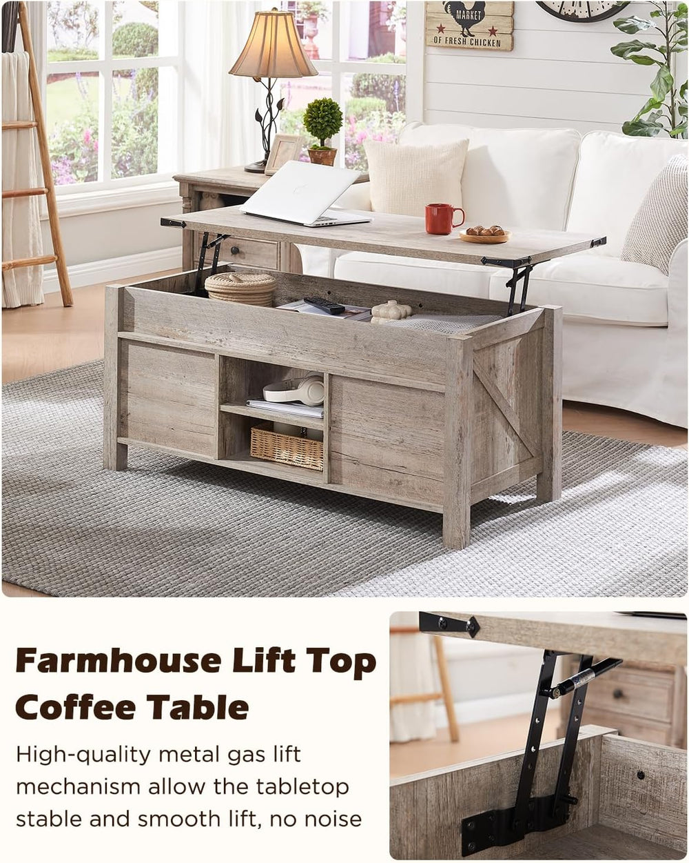 OKD 48" Farmhouse Lift Top Coffee Table Sliding Barn Door, Light Rustic Oak