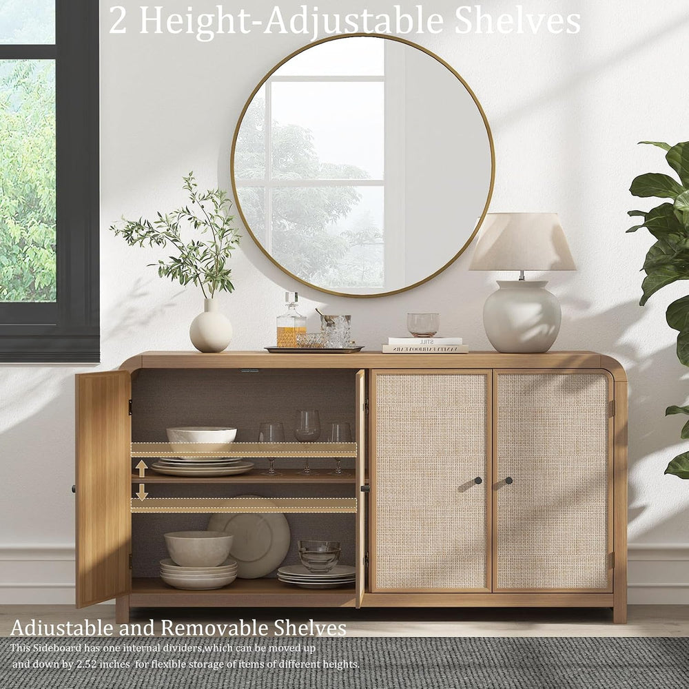 Oak Rattan Sideboard Buffet Cabinet, 60'', 4 Doors