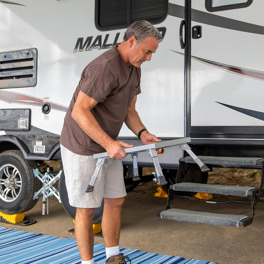 Camco Folding Aluminum Step Stool, Adjustable Height for RV and Trailers, Sil...