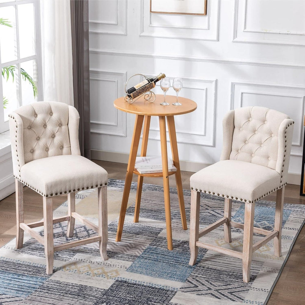 LukeAlon 26" Tufted Wingback Linen Counter Stools Set of 2, Beige