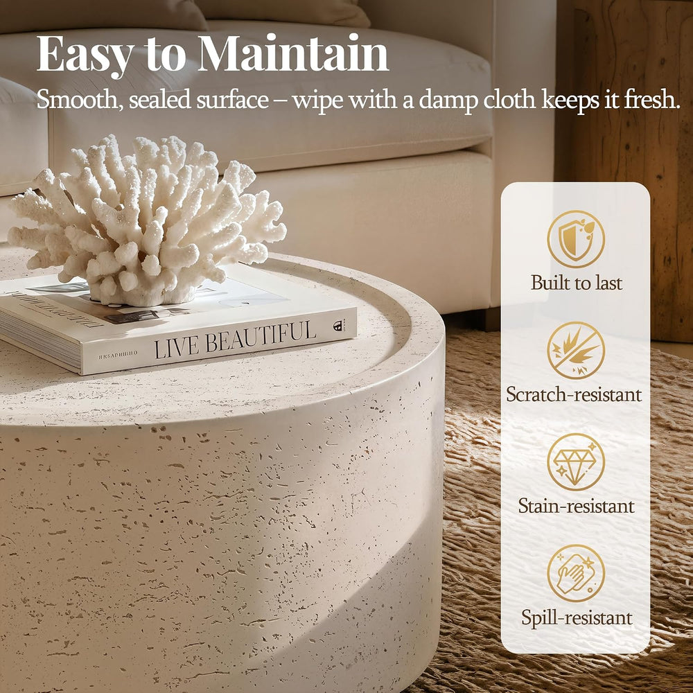 Patio Watcher 28" Round Coffee Table, Travertine Look, Off-White
