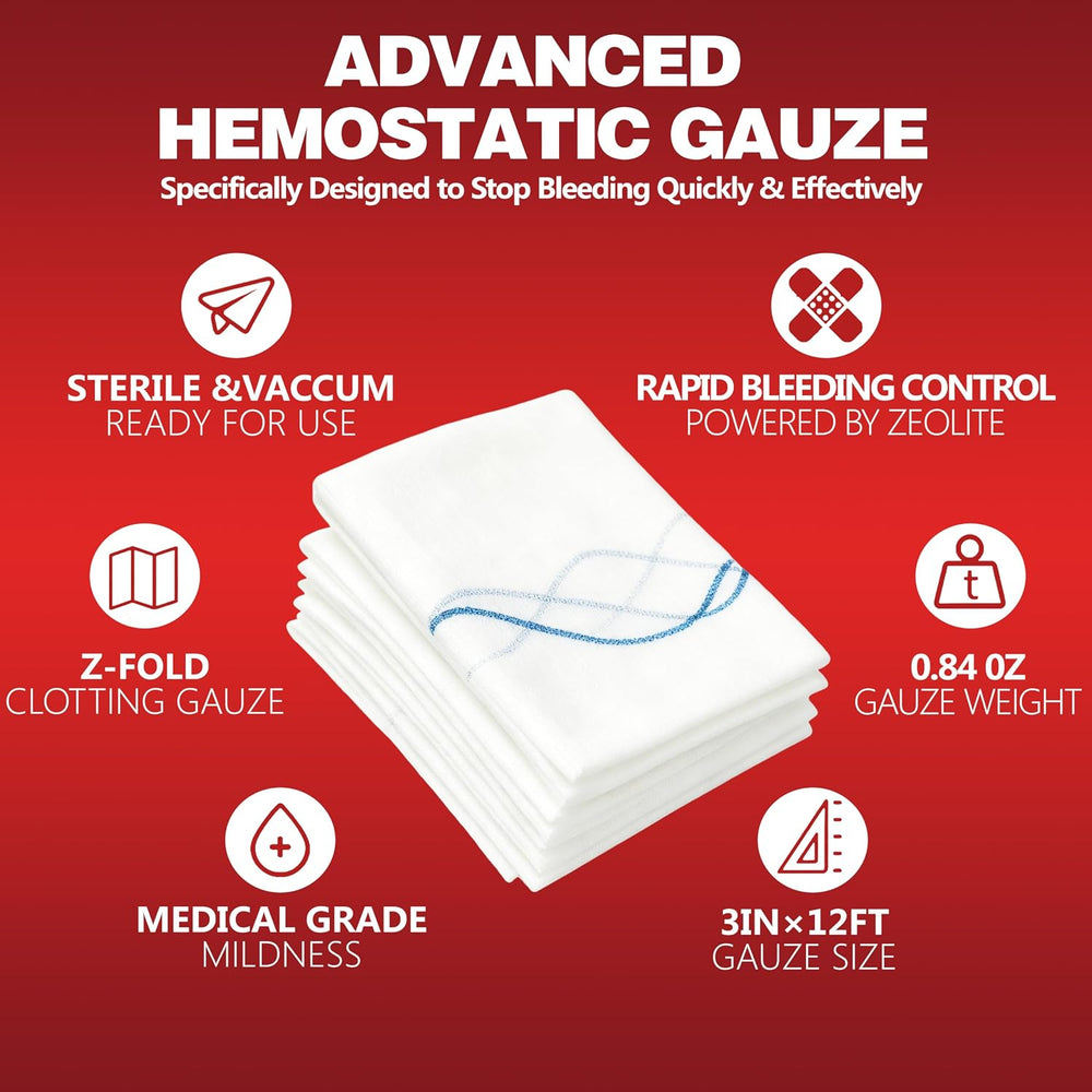 Kaolin Hemostatic Gauze for Emergency First Aid, 3 Pack