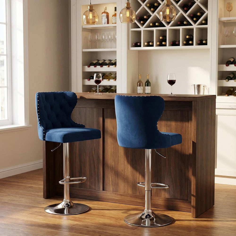 Set of 2 Adjustable Swivel Bar Stools, Velvet Upholstered Counter Height Chai...