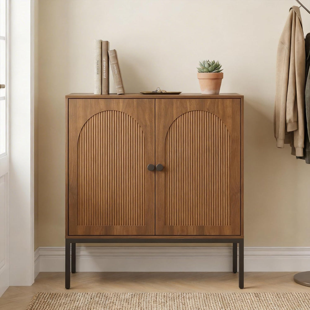 Yechen Modern Fluted Sideboard Buffet Cabinet with Storage, Walnut