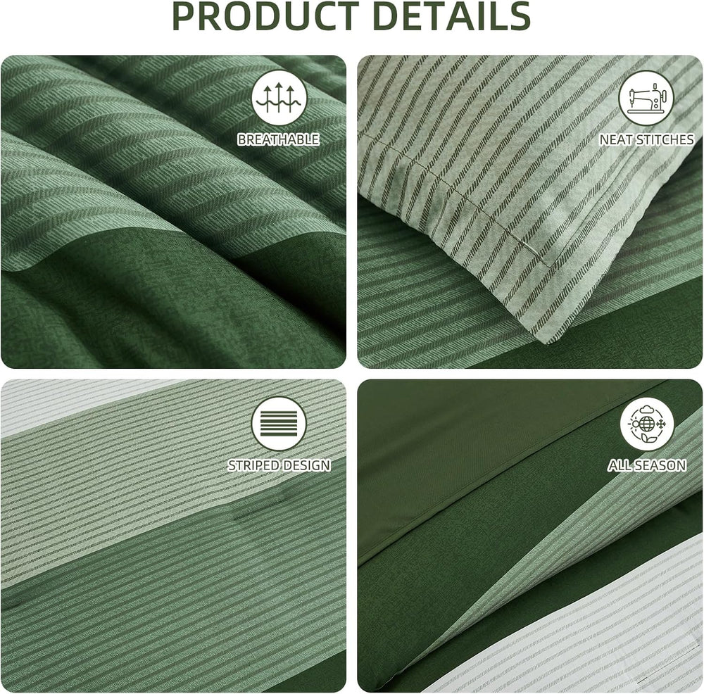 Queen Comforter Set Olive Green, 7 Pieces Boho Striped Bed in a Bag