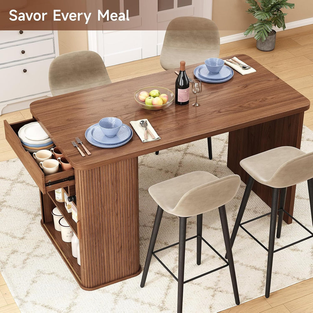 ONBRILL 61 Inch Fluted Kitchen Island with Storage Walnut