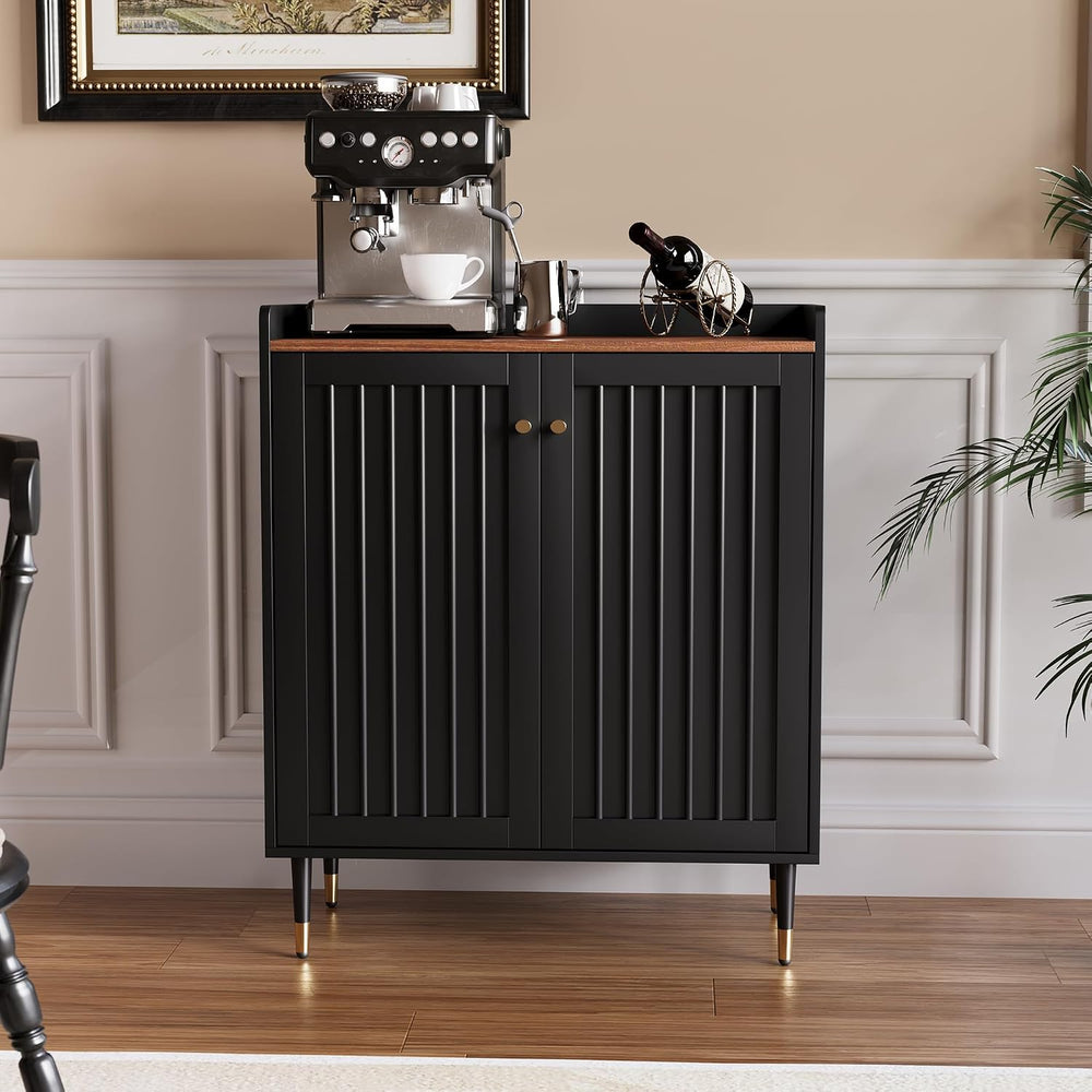Fluted Coffee Bar Cabinet with Storage and Glass Holder, Black