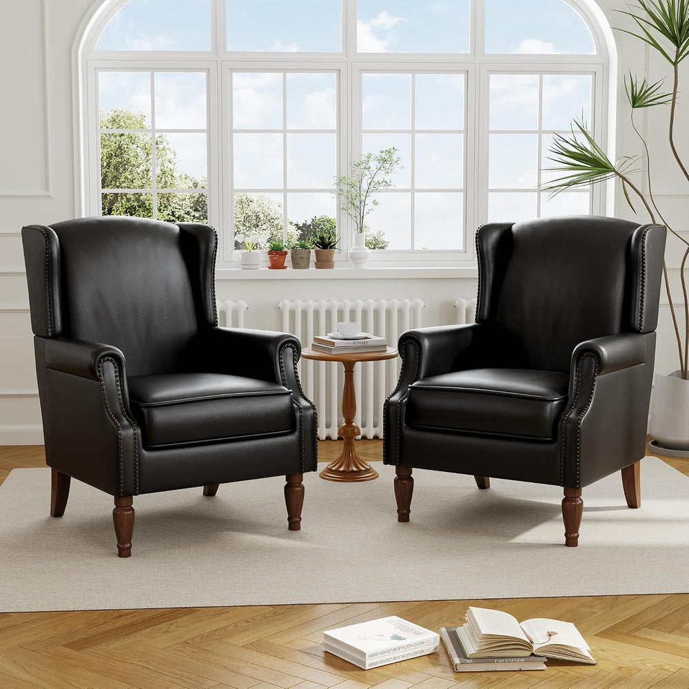 Faux Leather Wingback Accent Chair with Wood Legs, Black, Set of 1