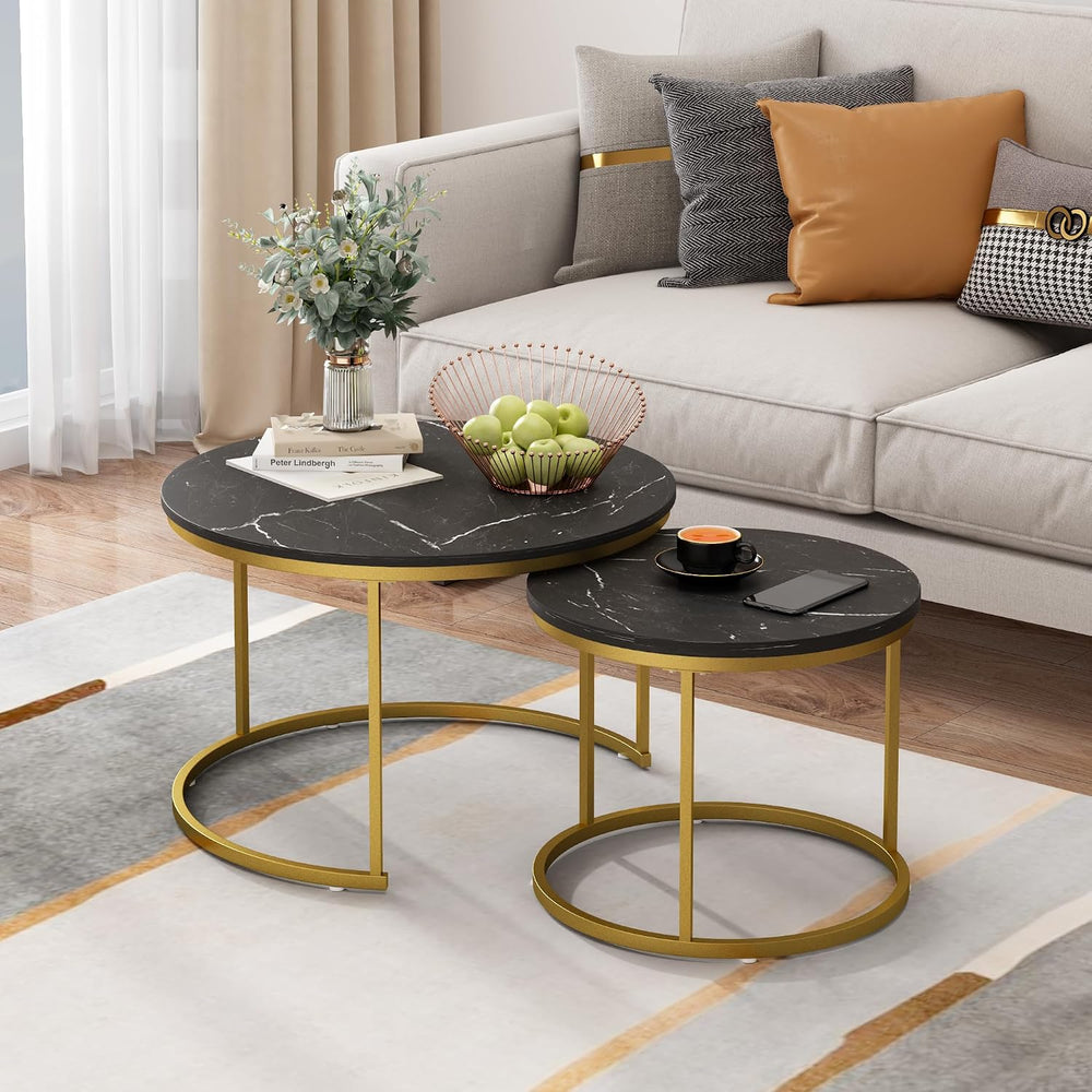 27.56 inch Small Round Nesting Coffee Table Set of 2 for Living Room, Wood Gr...