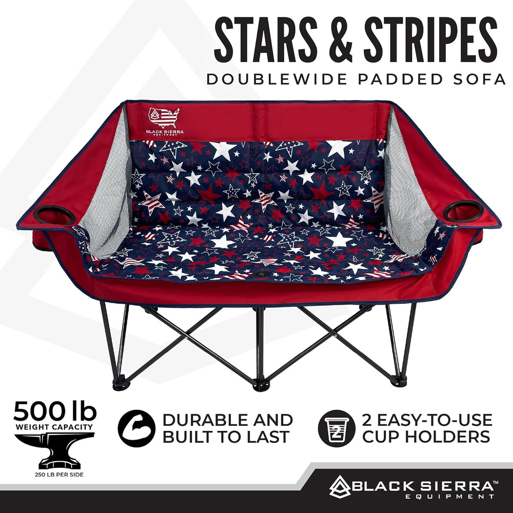 Black Sierra Double Camping Chair Loveseat, Oversized Padded, 600 lb