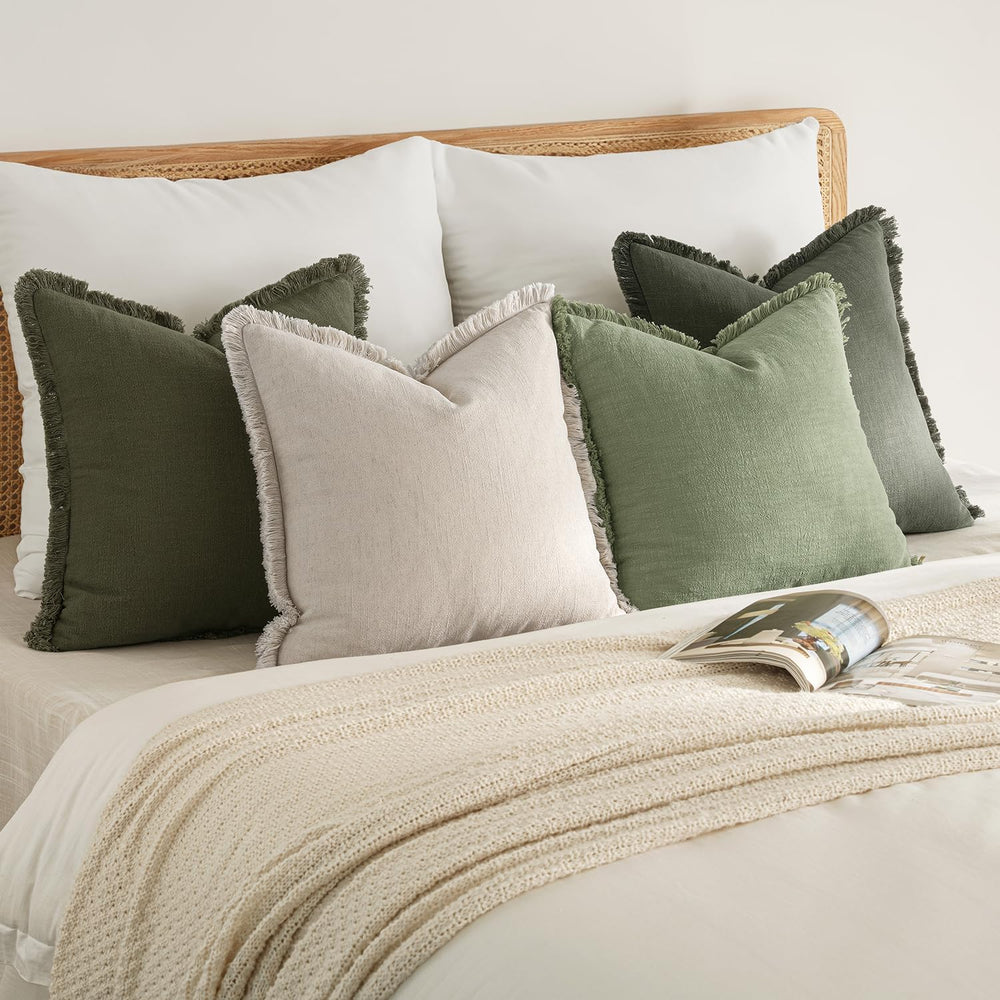 MIULEE Fall Linen Fringe Pillow Covers Set of 4 18x18 Beige/Sage Green
