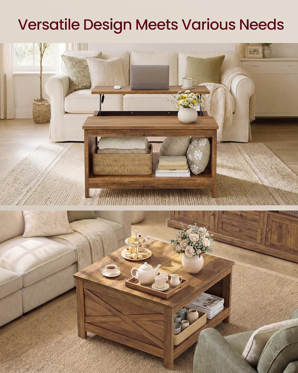 VASAGLE Lift Top Coffee Table, Square Farmhouse Coffee Table with Storage