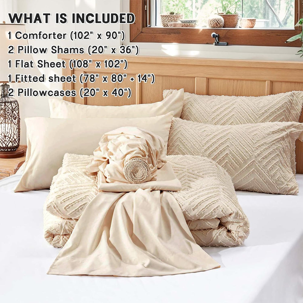 Zzlpp King Size Comforter Set 7 Piece, Beige Bed in a Bag King Bedding Sets