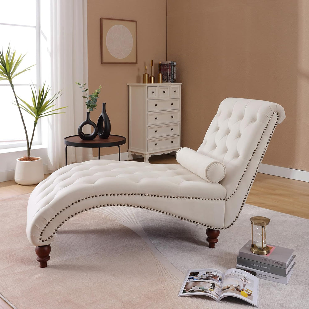 Button-Tufted Chaise Lounge Indoor, Velvet Chaise Lounge Chair with Legs &...