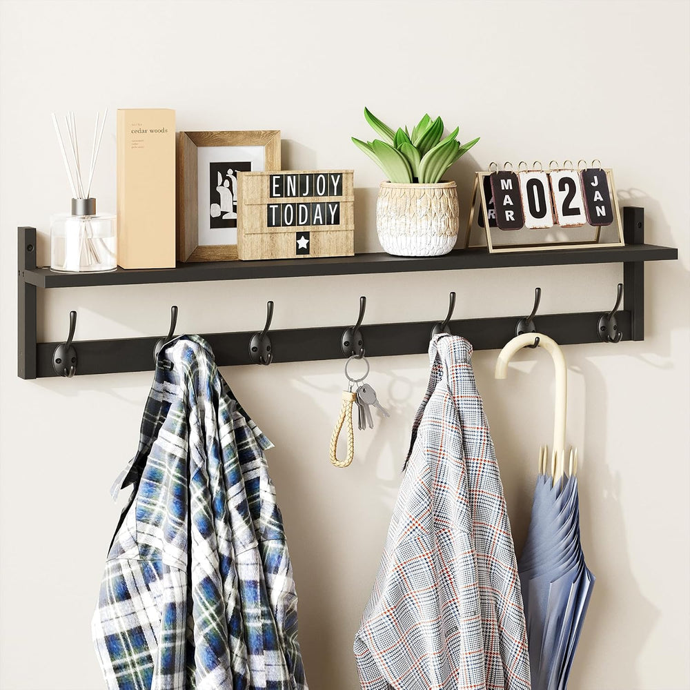 BAMEOS Wall Hooks with Shelf 35 Inch Length Entryway Hanging Shelf Wood Coat ...