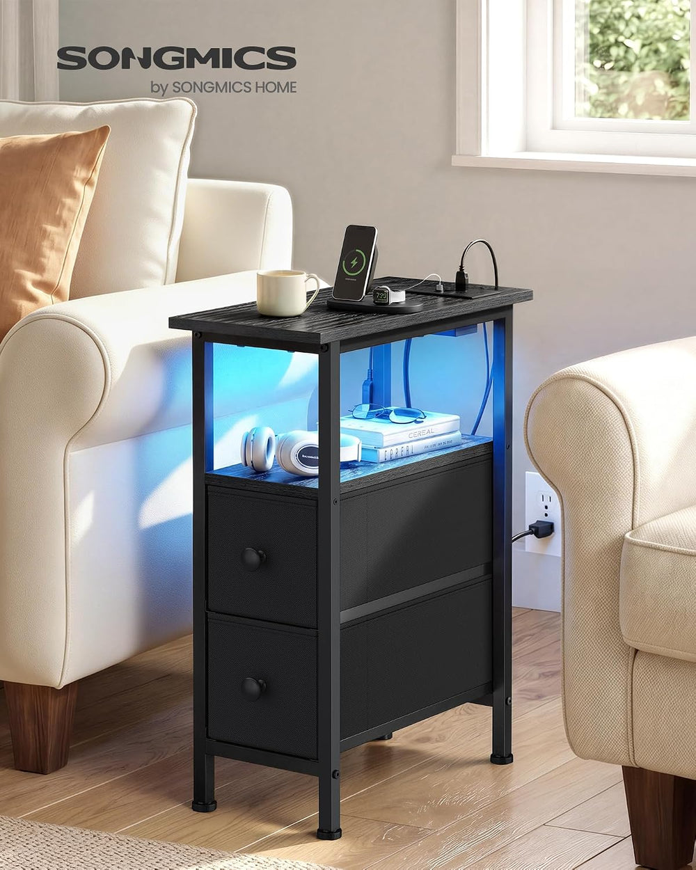 SONGMICS Side Table with LED Light, Narrow End Table with 2 Fabric Drawers