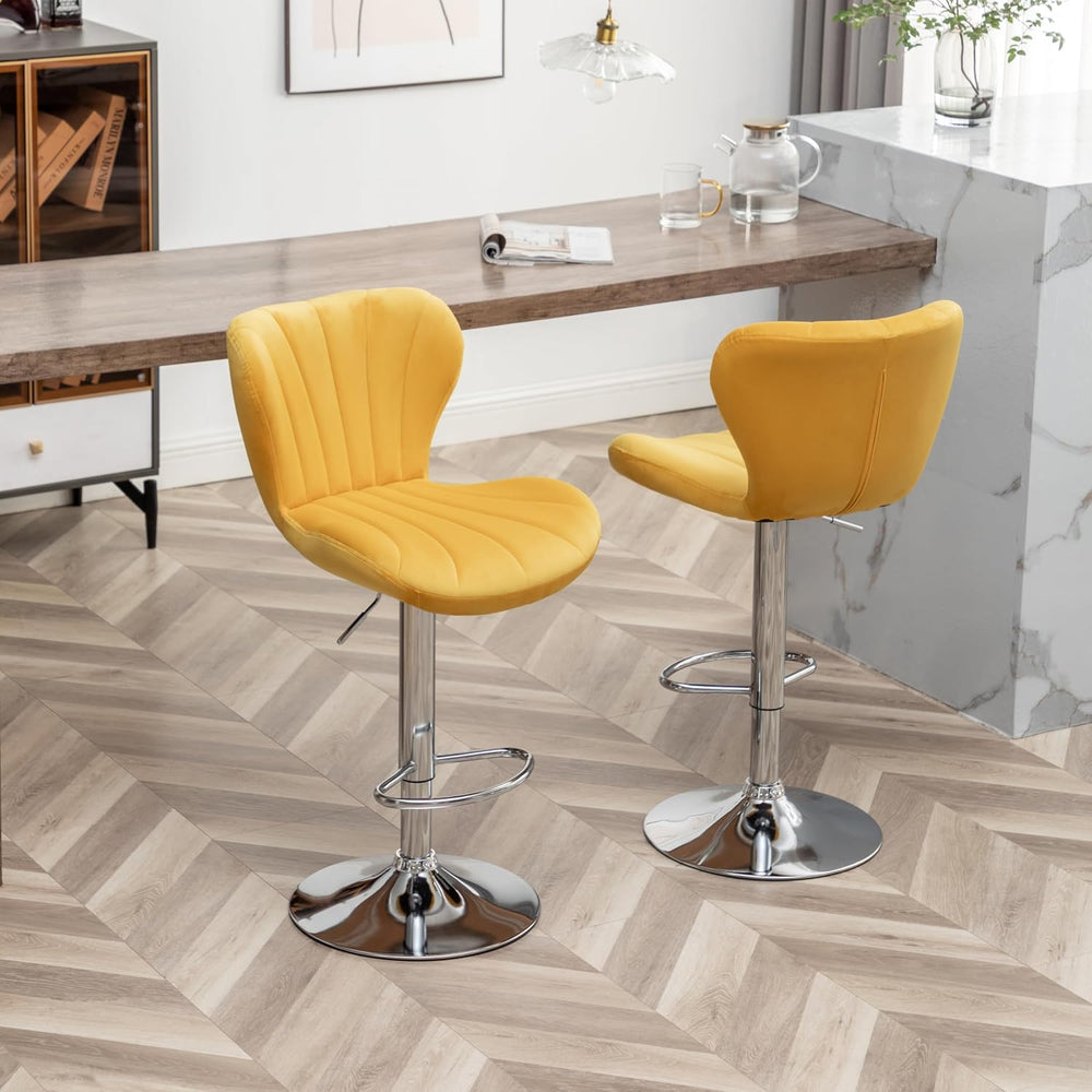 Roundhill Furniture Ellston Velvet Adjustable Swivel Barstools in Yellow, Set...
