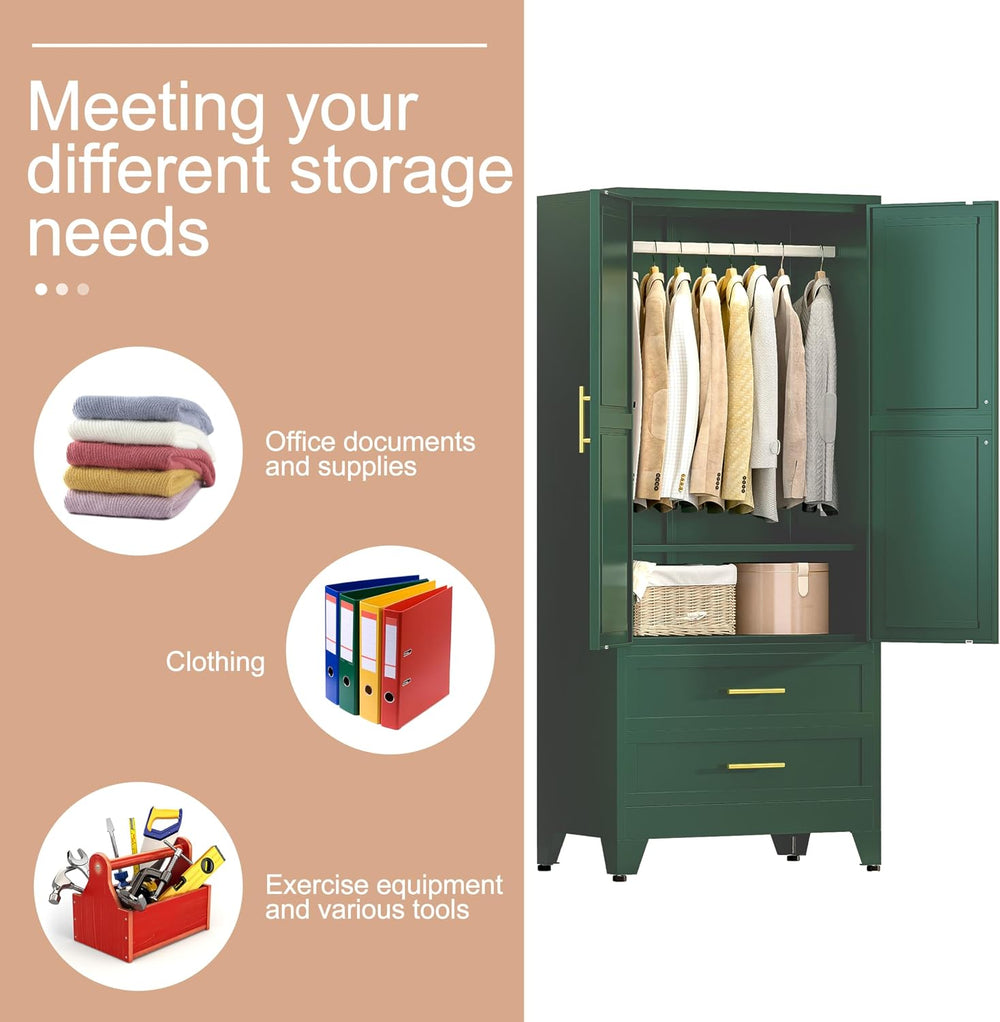 PAOFIN Green 71" Metal Armoire Wardrobe Closet, Bedroom Clothing Storage...