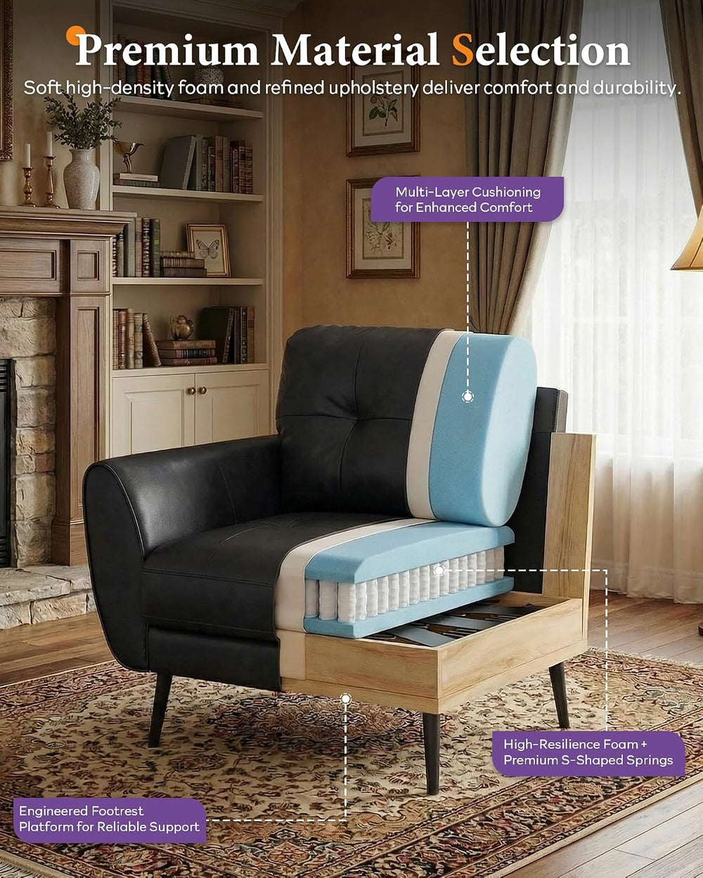 Black Leather Accent Chairs Set of 2, Tufted Reading Chairs for Living Room