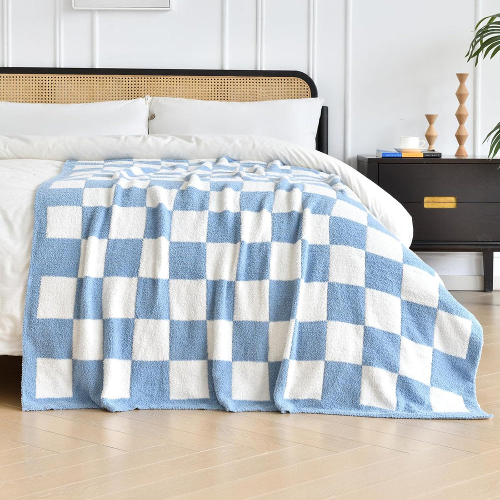 Checkered Throw Blanket for Couch Bed, Blue, Twin 60"x80"