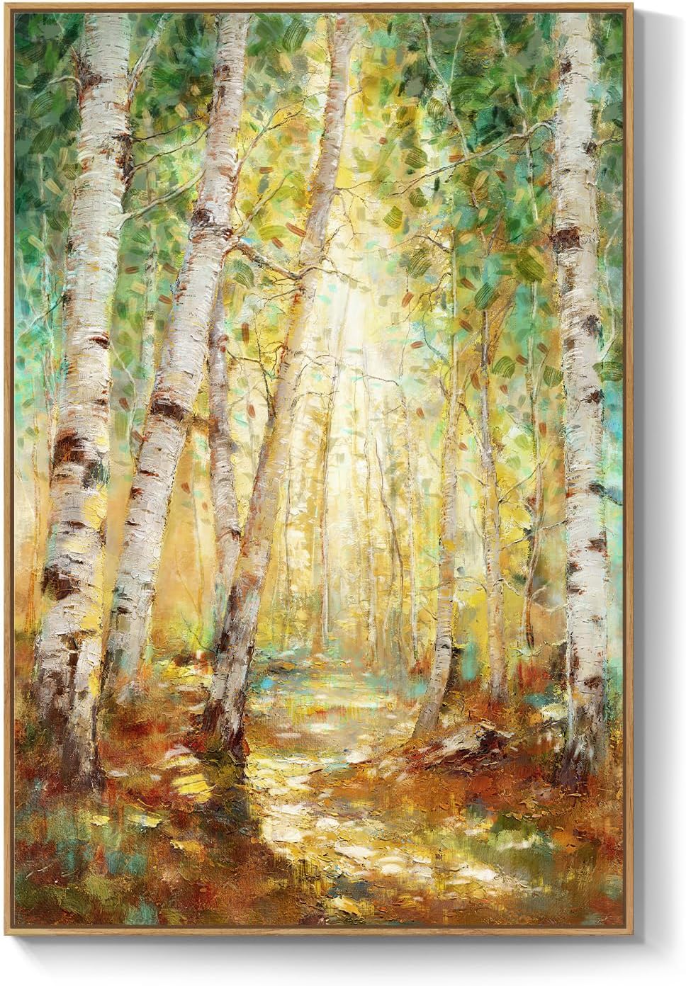 Framed Birch Tree Forest Landscape Wall Art for Living Room, 24x36 Inch