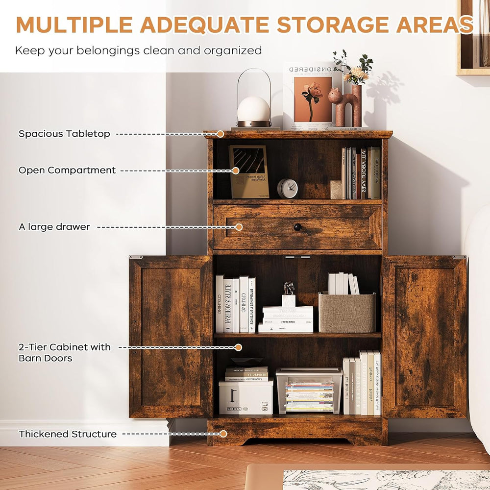 Floor Cabinet, Farmhouse Storage Cabinet with Barn Doors and Drawers