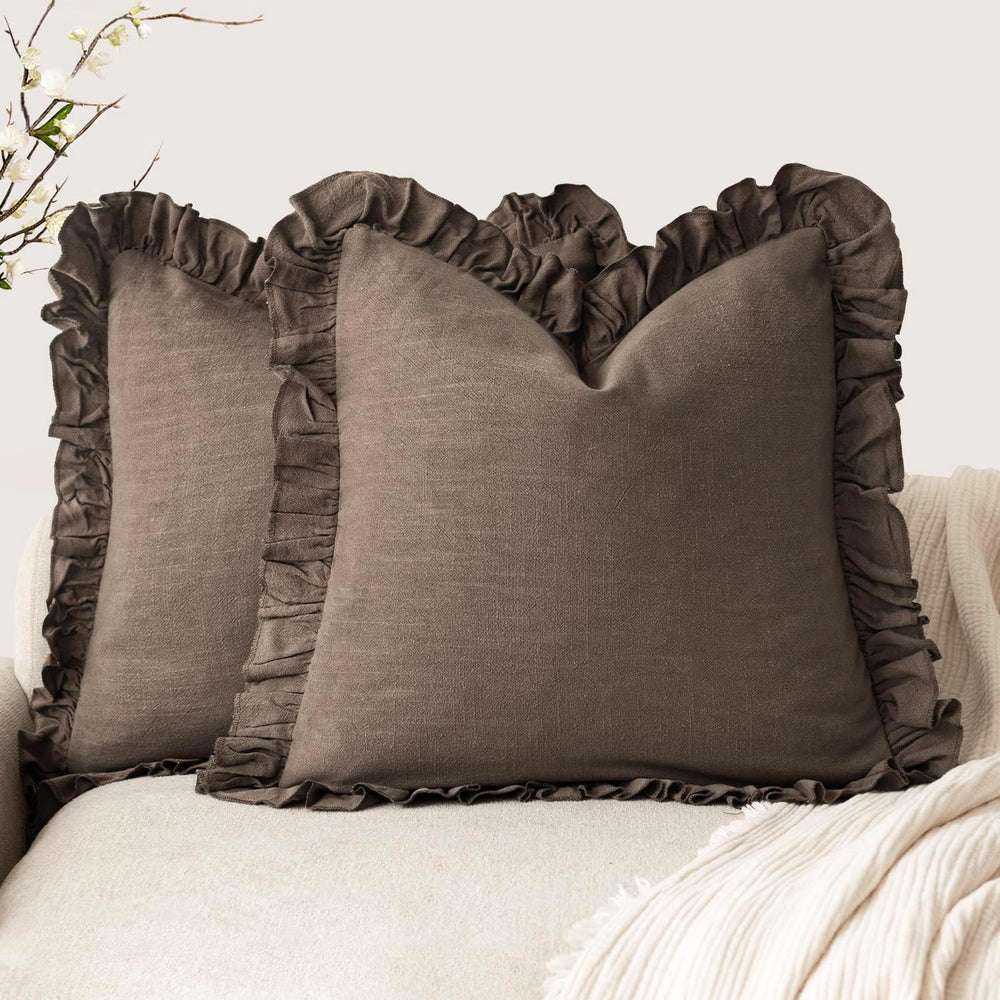 Foindtower Linen Fringe Ruffle Throw Pillow Covers 22×22 Inch Dark Brown