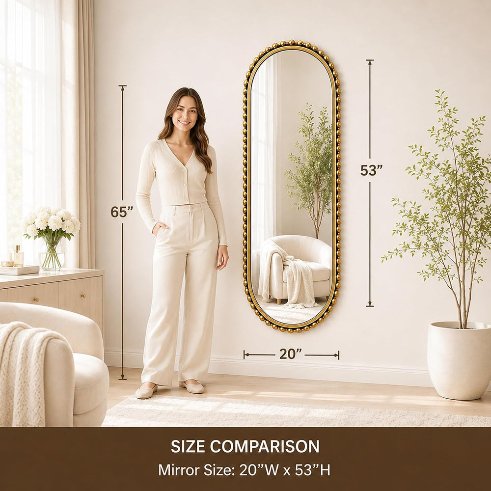 20"x53" Oval Full Length Wall Mirror, Unique Bold Beaded Frame