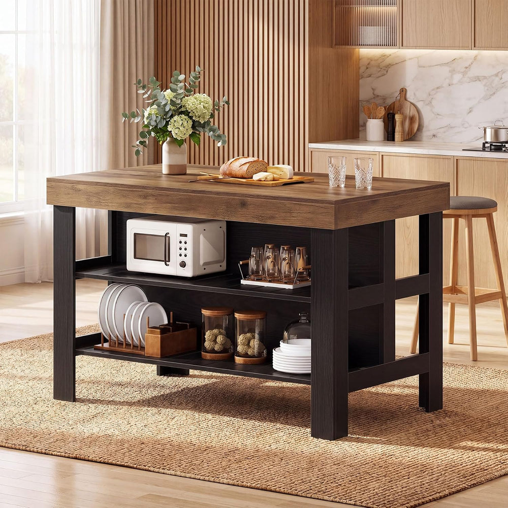 Tribesigns Kitchen Island with Storage Shelves (Brown and Black)