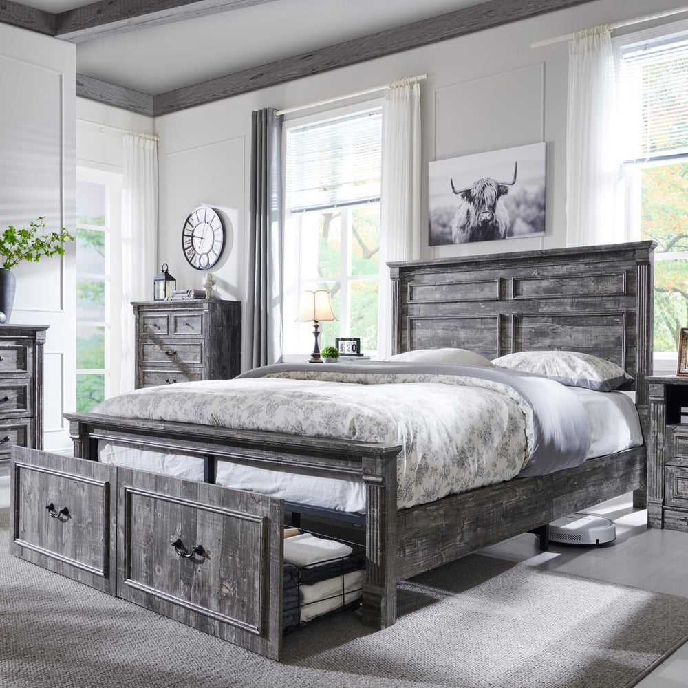 Aitjunz Farmhouse Queen Size Bed Frame w/51 Tall Headboard, Light Grey