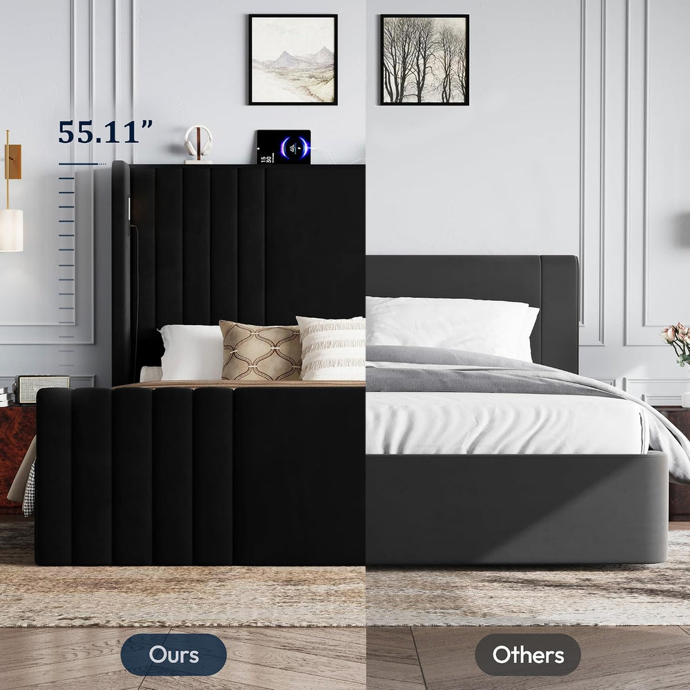 55" Tall Queen Size Platform Bed Frame with 2 Reading Lights, Black