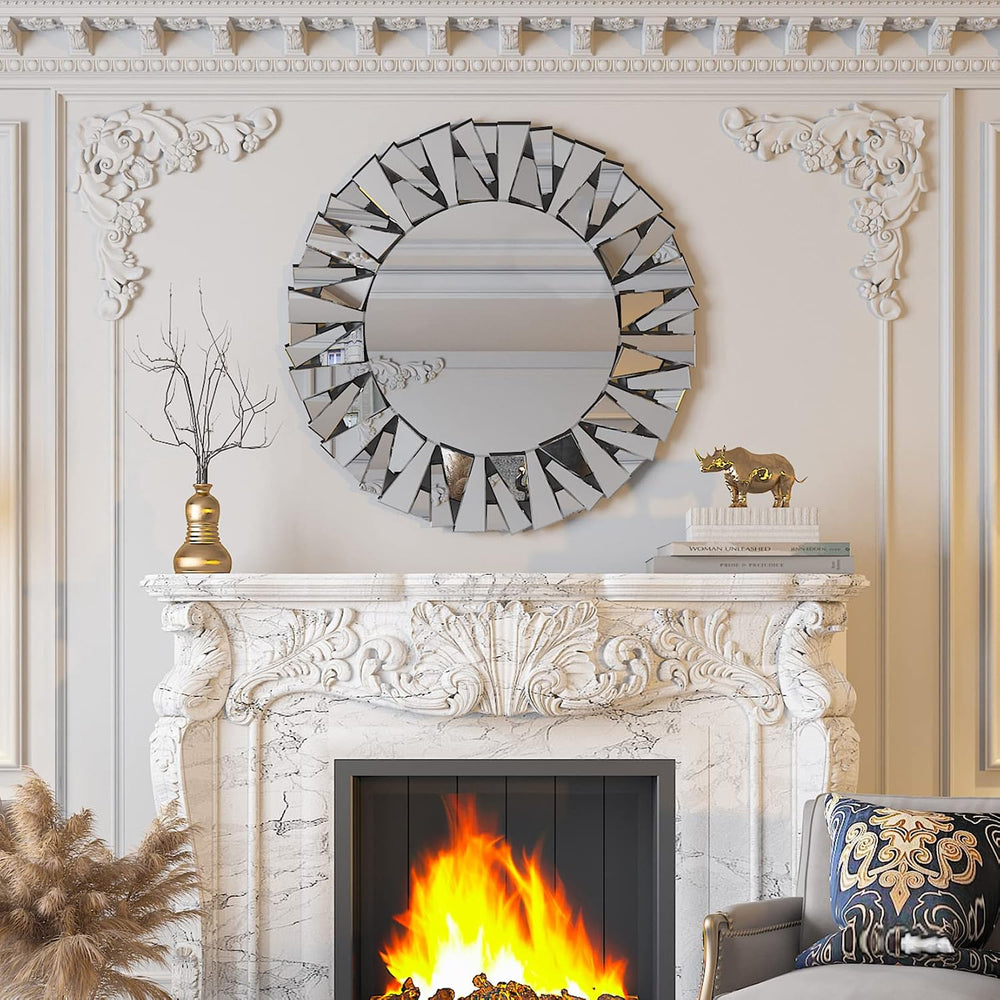 Decorative Mirror Round Silver: 31.5in Wall Vanity-Mirror Beveled