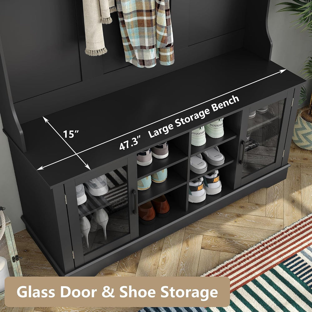 Furnihold Hall Tree, Black Entryway Bench with Coat Rack, 10 Shoe Storage &am...