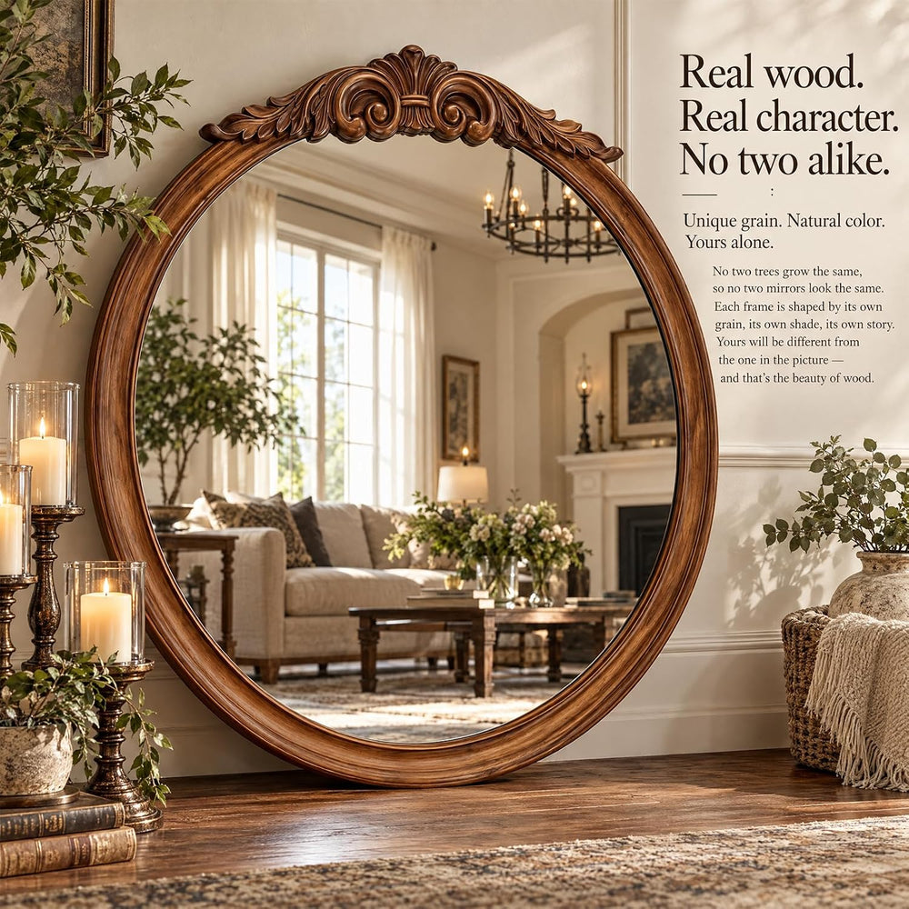 30 Inch Rustic Wall Mirror with Solid Wood Walnut Light Brown