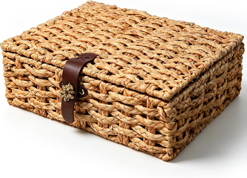 Water Hyacinth Woven Storage Basket with Lid for Decor, Storage (Large)