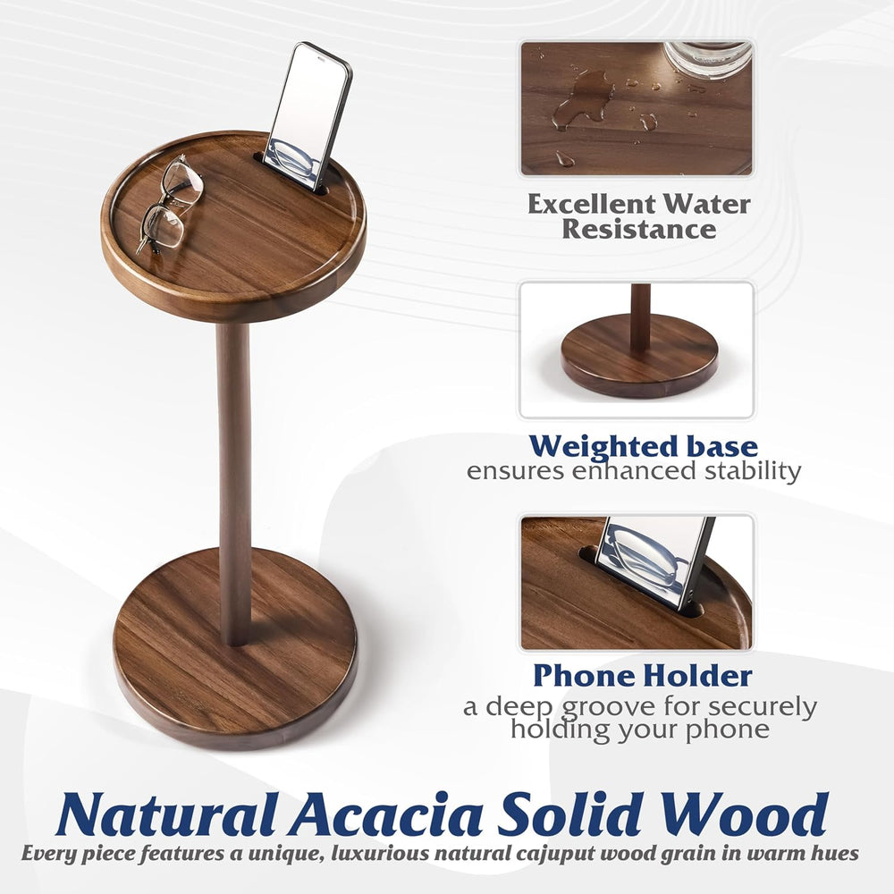 BLUEWEST Small Round Side Table, Drink Table with Phone Slot, 22" Walnut