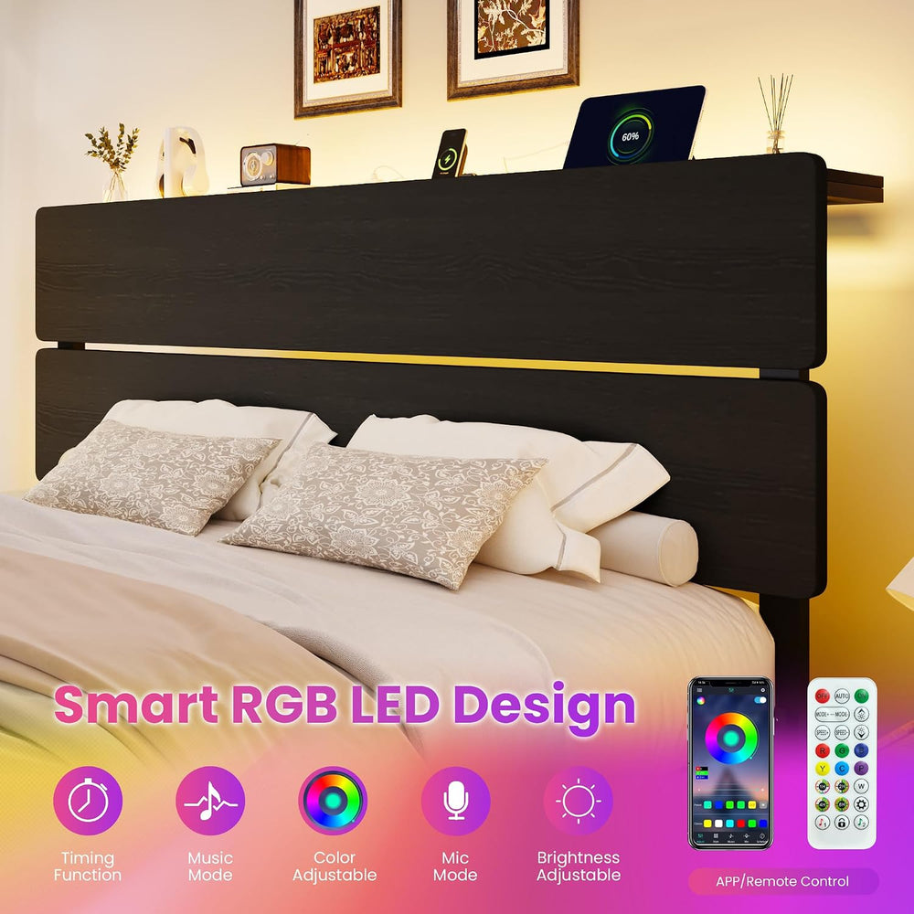 SHA CERLIN King Size Bed Frame, Led Light, Charging Station, Storage Shelf